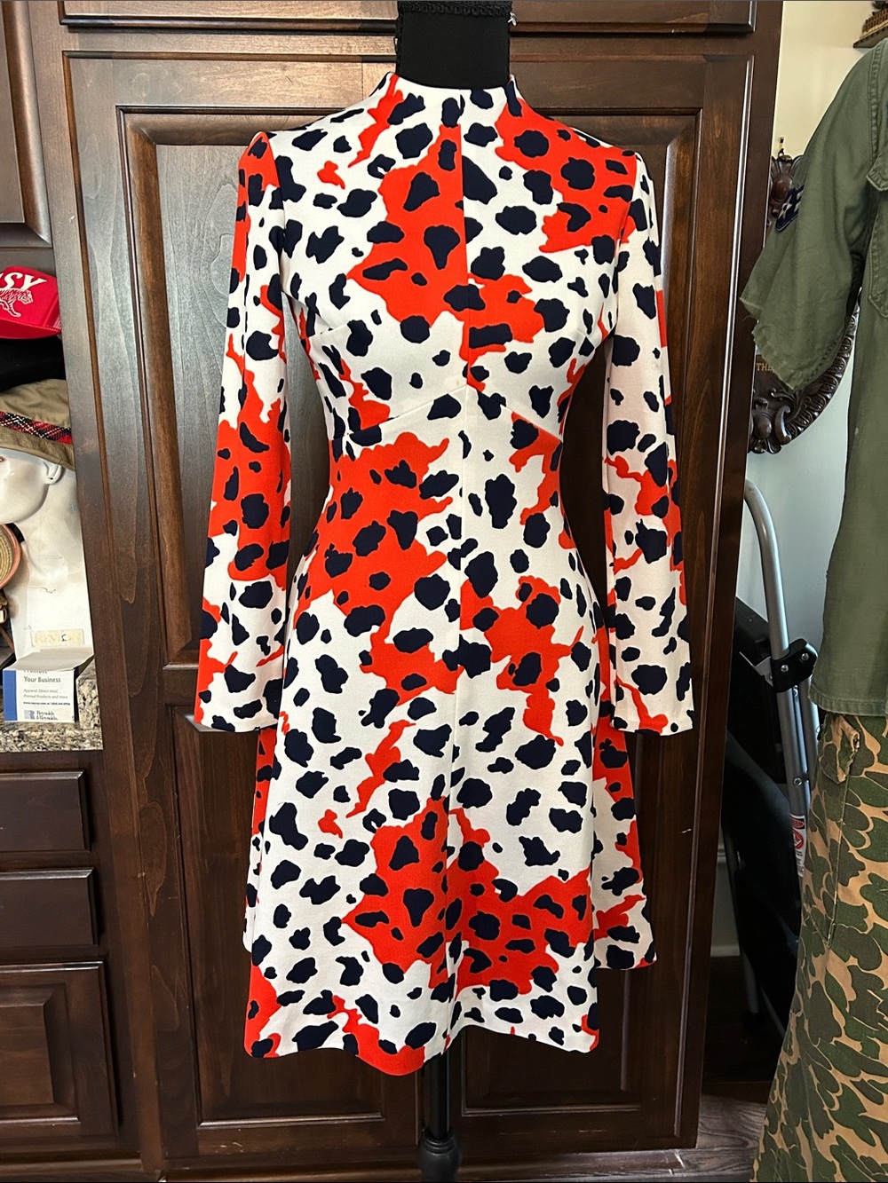 1960’s Sears Sz S Red, Navy & White Abstract Print Midi Length A-Line Dress